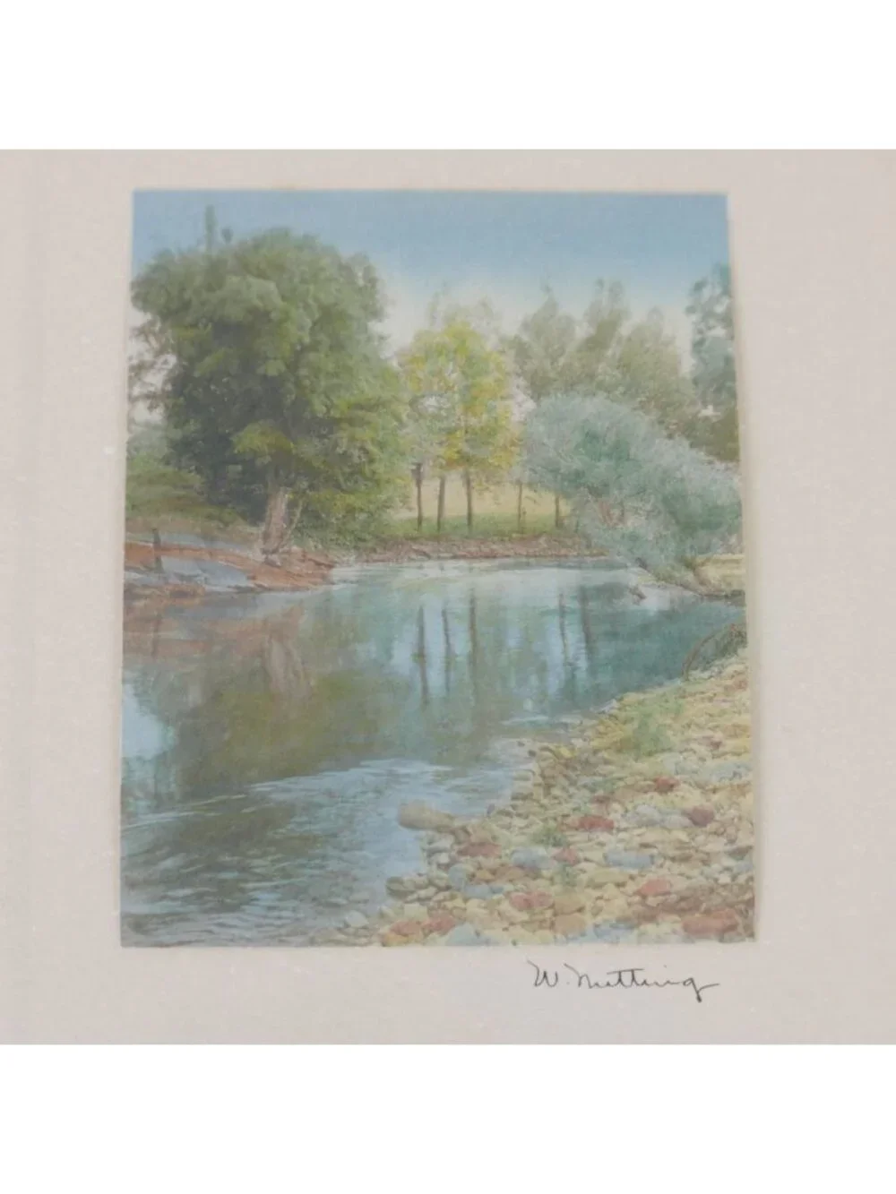 Wallace Nutting Hand Colored Photograph Antique Print Trees Pond Swimming Framed